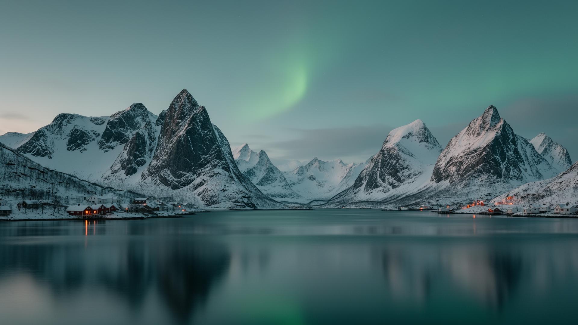 Vinterlandskap i Nord-Norge — snødekte fjell og fjord under nordlys